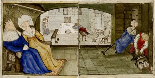 Un conjunto de dieciséis azulejos dispuestos en pares para formar ocho ilustraciones del cuento 
